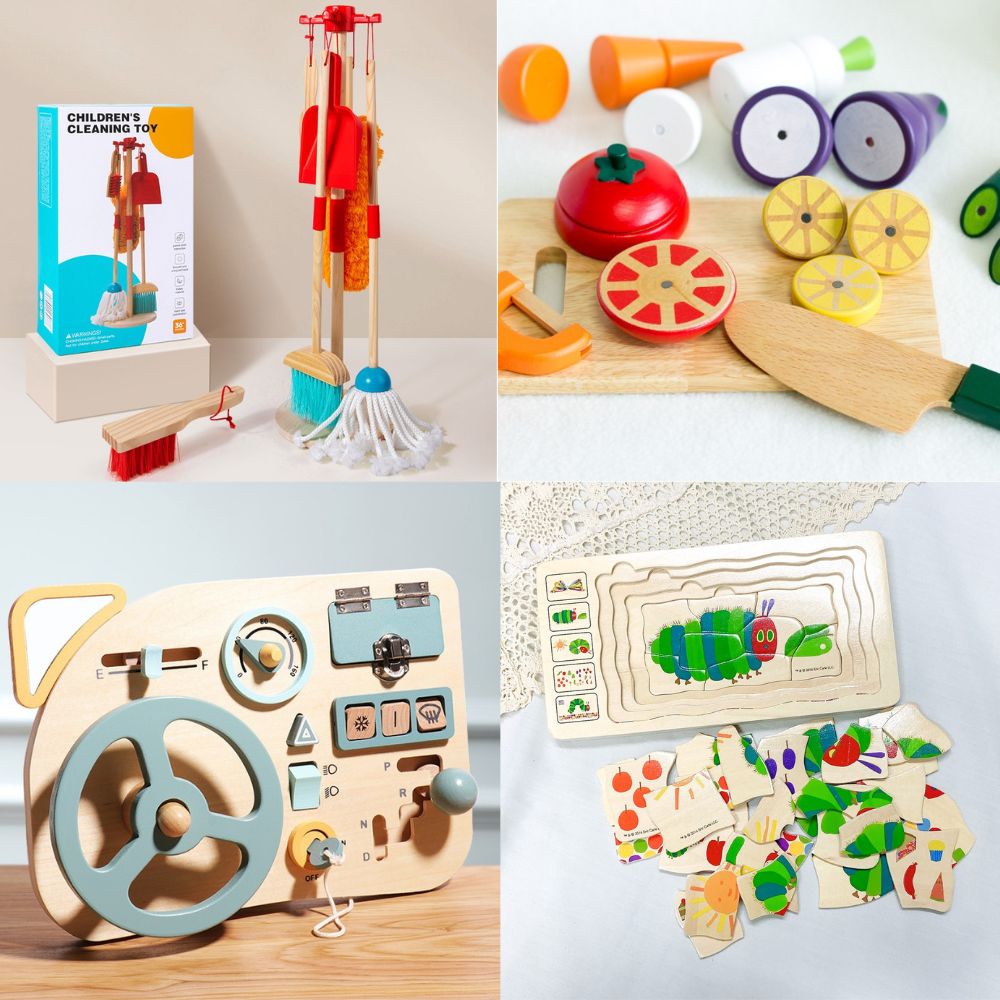 Toy -Wooden Pretend Play / Montessori Toy / Fruit Food Cutting Toy Busy Board Cleaning Set